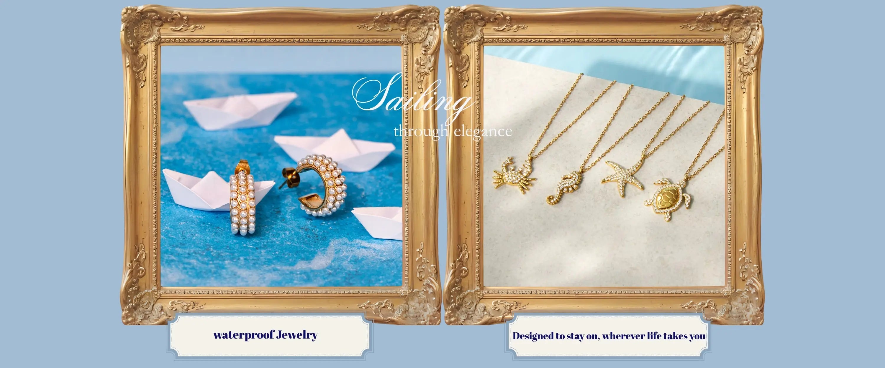 Gold-framed jewelry display with earrings and necklaces on a blue and white background.