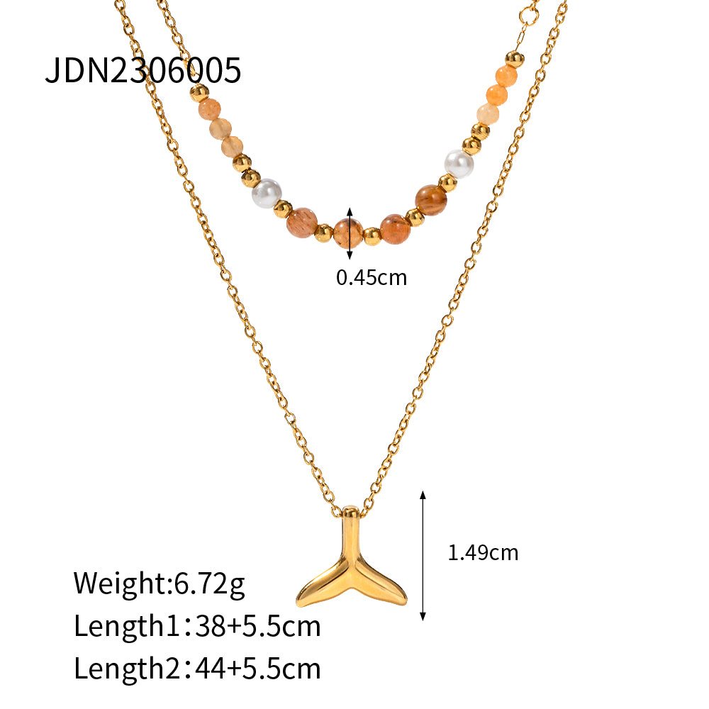 Gold necklace with a pendant and beaded chain on a white background, showing measurements and product code.